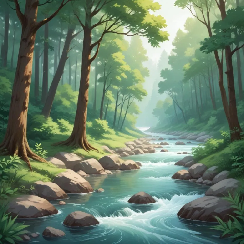 A calm, flowing river through a forest, symbolizing continuous growth