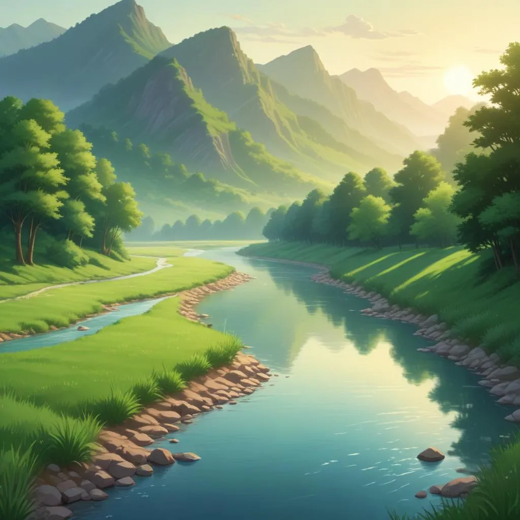 A calm river flowing through a lush green valley at dawn, symbolizing a peaceful course