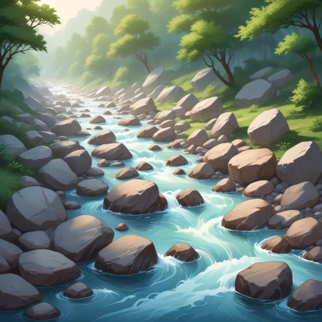 A flowing river with stones, symbolizing the flow of time, consequences, and the path of dharma