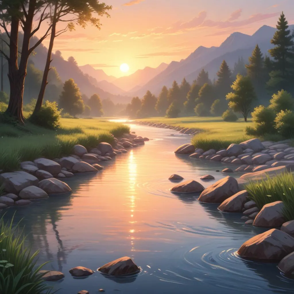 A serene river at sunrise, symbolizing flow, destiny, and time