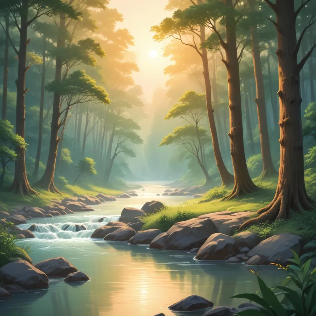 A serene river flowing through a forest at sunrise, symbolizing the natural flow of dharma and order