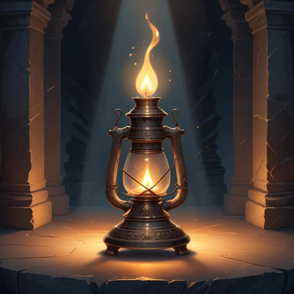 A single oil lamp glowing in a dark stone temple, representing devotion and inner light