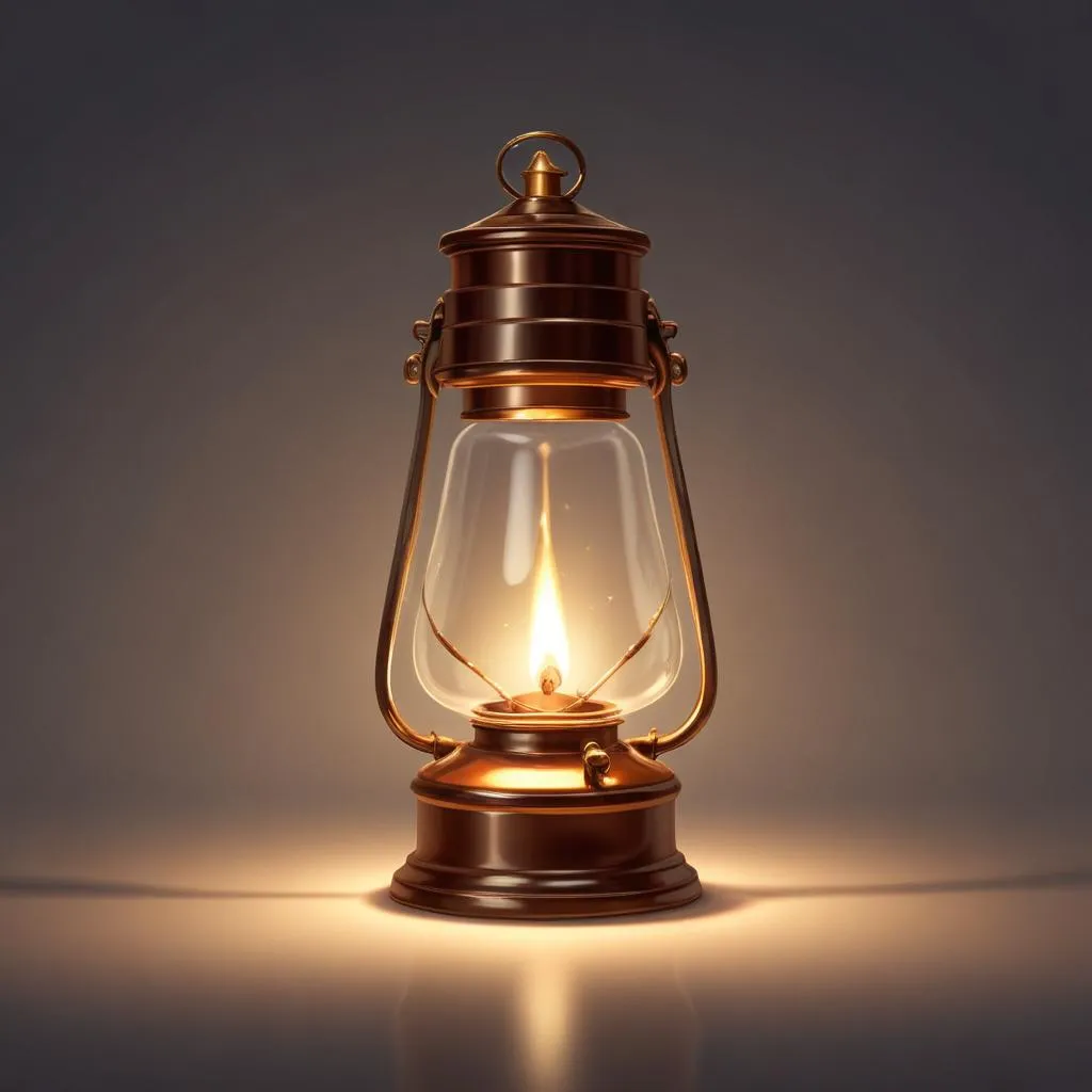 A single oil lamp glowing in a peaceful, simple space, symbolizing inner light and guidance