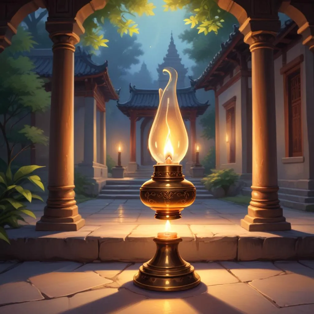 A single oil lamp glowing in a peaceful temple courtyard, symbolizing inner light and discernment