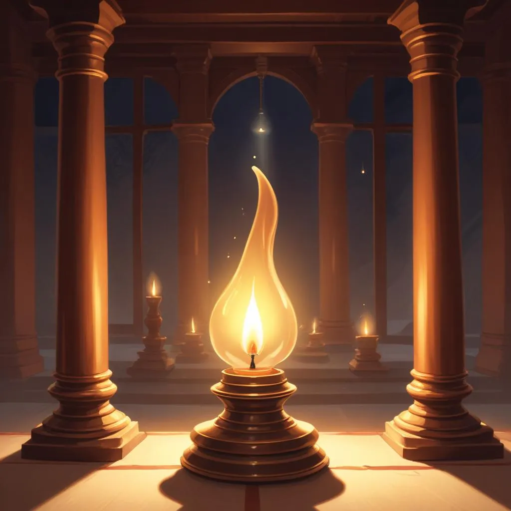 A single oil lamp glowing in a peaceful temple space, symbolizing inner light and wisdom