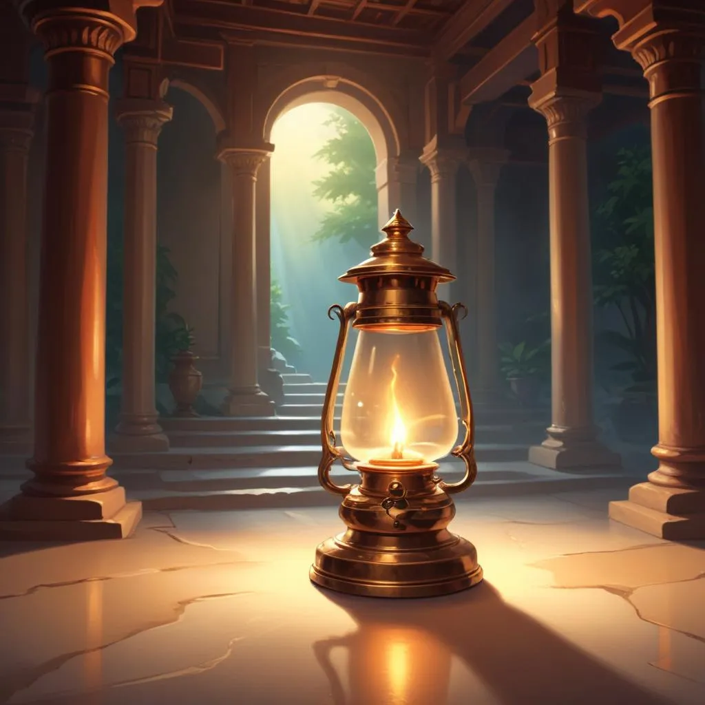 A single oil lamp glowing in a peaceful temple space, symbolizing wisdom, guidance, and inner light