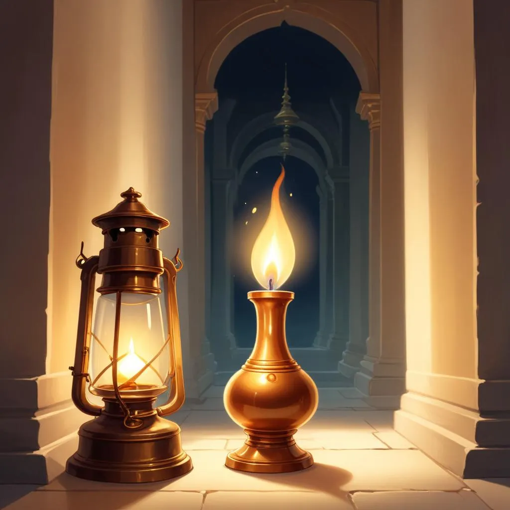 A single oil lamp glowing in a serene temple corridor, symbolizing inner light and wisdom
