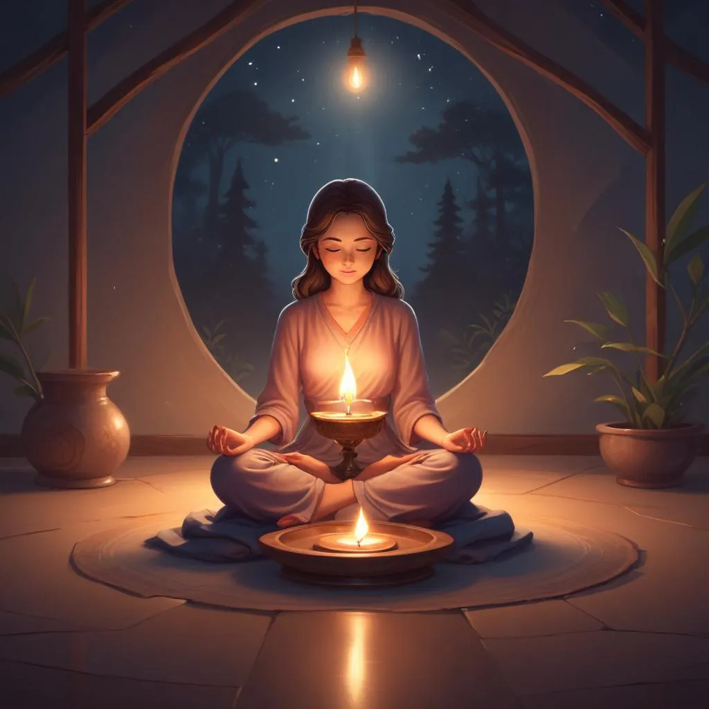A single oil lamp glowing in peaceful meditation space