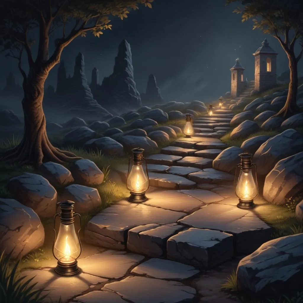 A single oil lamp illuminating a dark stone path, representing the challenge of ethical choices