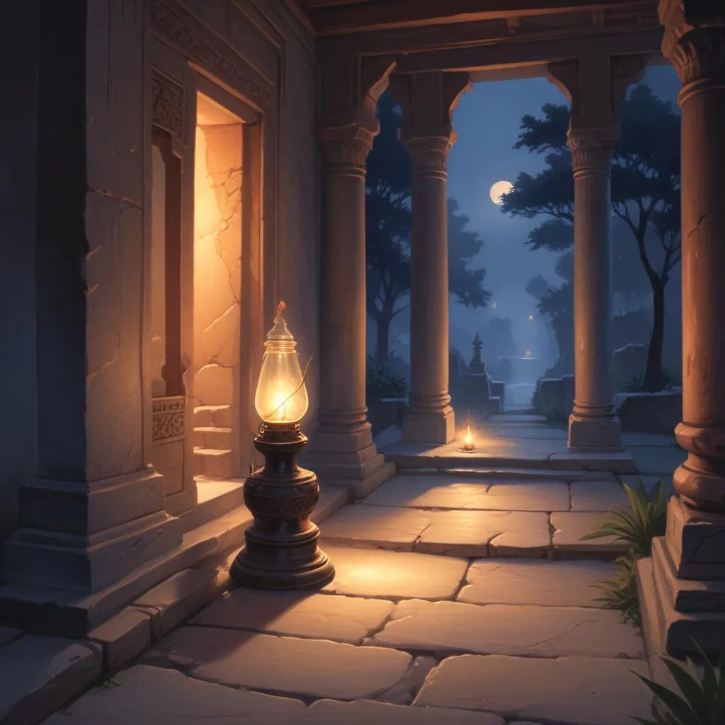 A single oil lamp illuminating a quiet, ancient temple corridor at dusk
