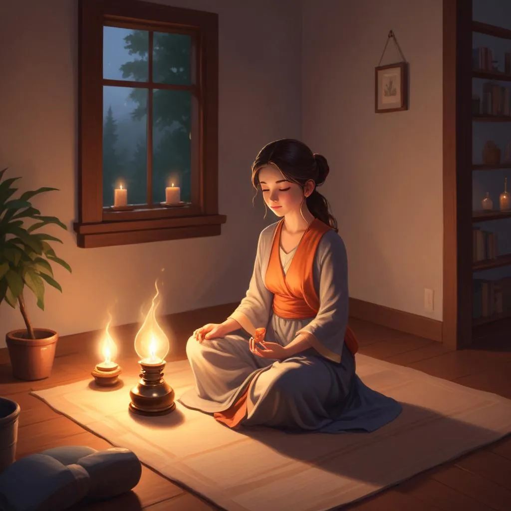 A single oil lamp illuminating a quiet meditation space