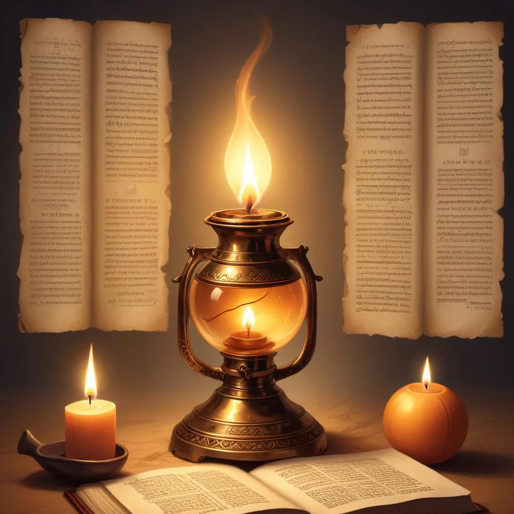 A single oil lamp illuminating ancient scriptures, symbolizing enlightened wisdom