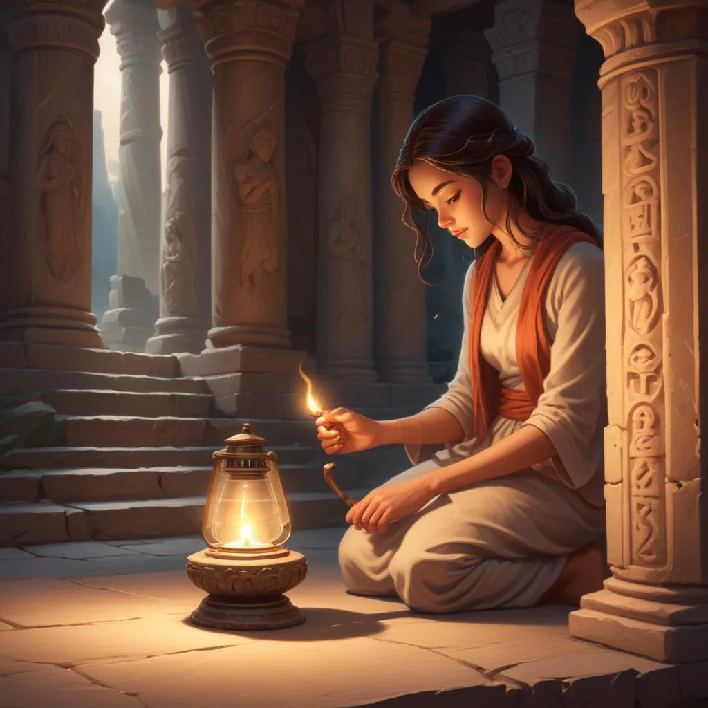 A single oil lamp illuminating ancient stone carvings in a temple