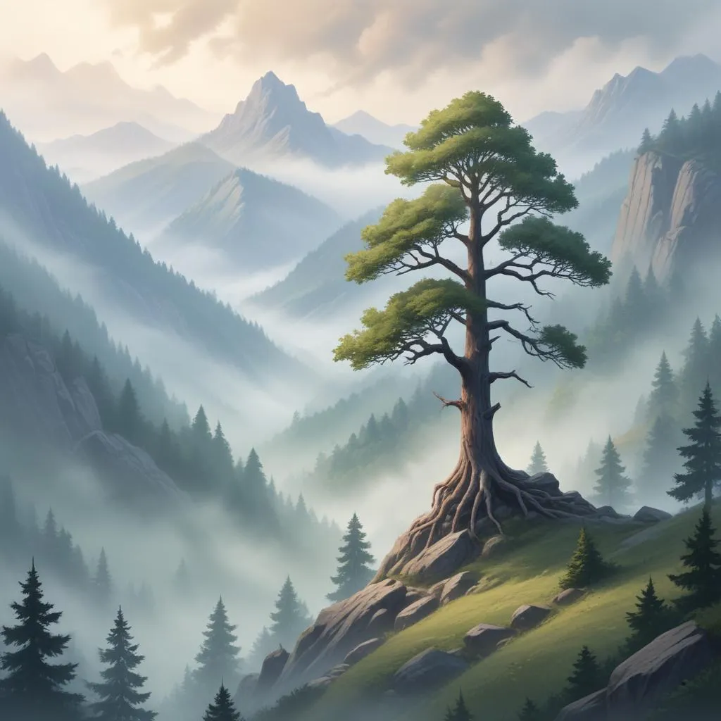 A single, strong tree standing resilient in a misty mountain landscape
