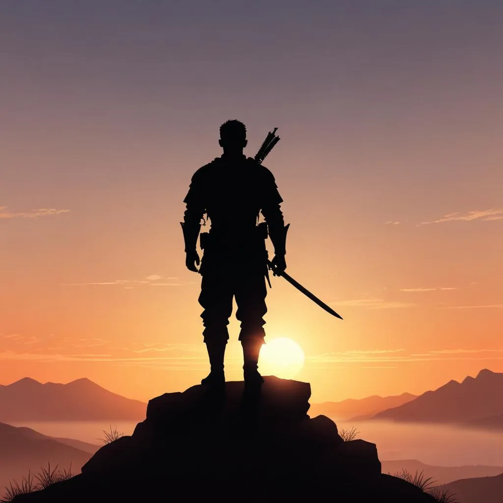 A solitary warrior's silhouette at sunrise, representing preparation and resolve