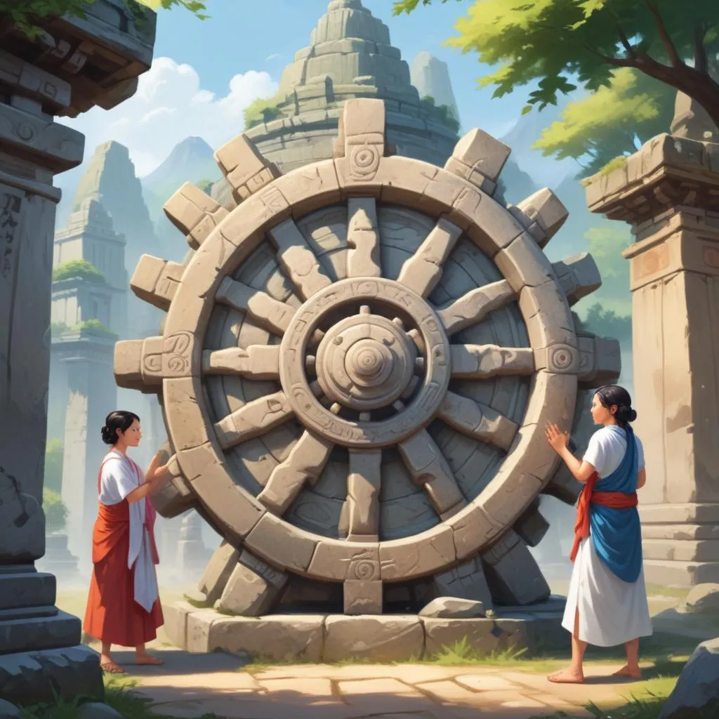 A traditional stone wheel at an ancient temple site, symbolizing cyclical time and the wheel of Dharma