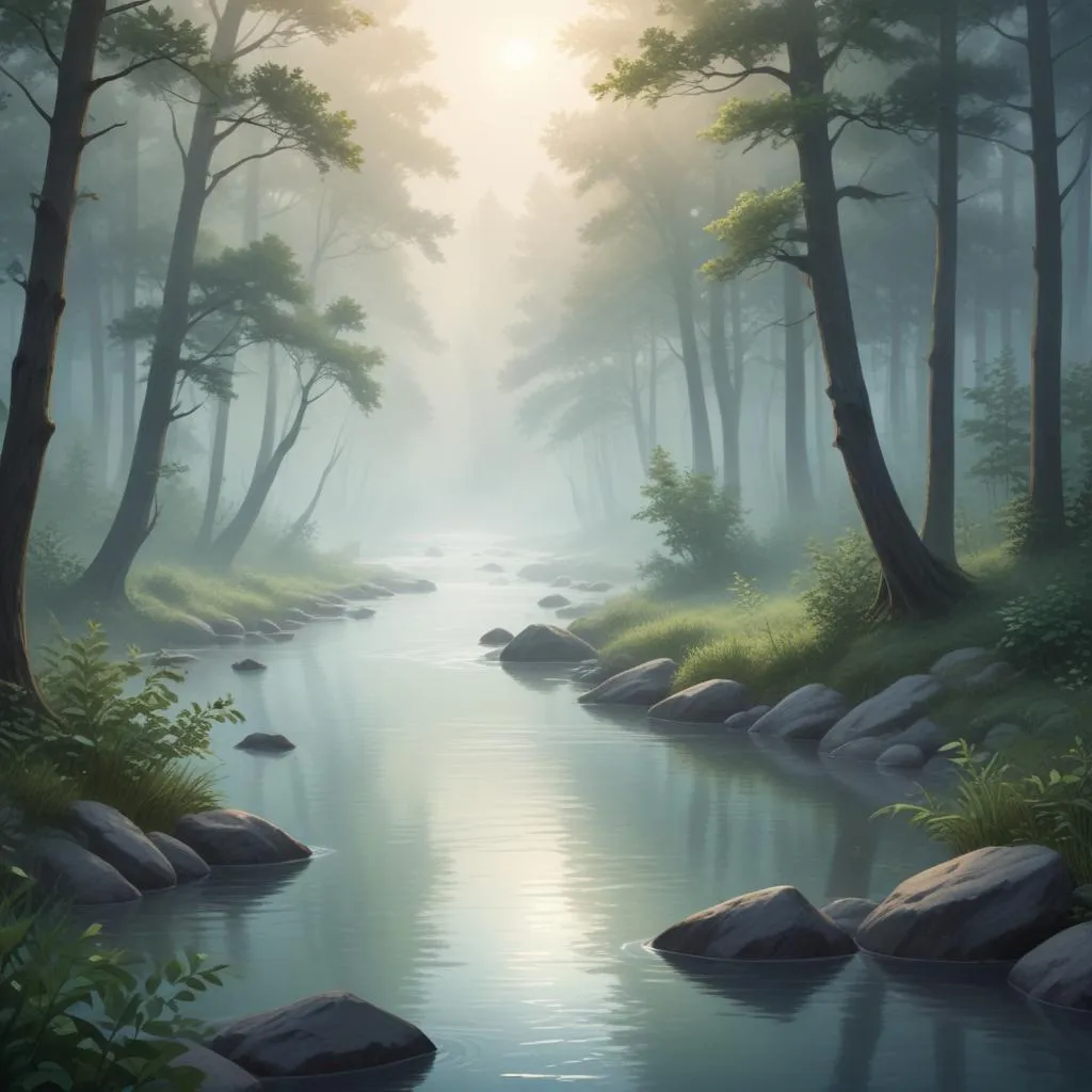 A tranquil river flowing through a misty forest at dawn, representing the flow of consciousness and natural harmony