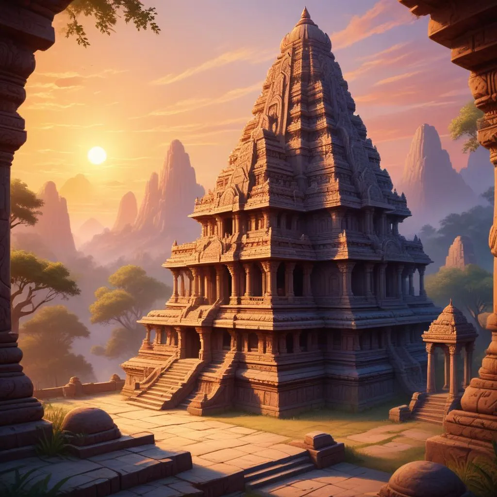 Ancient Hindu temple at sunrise with intricate carvings