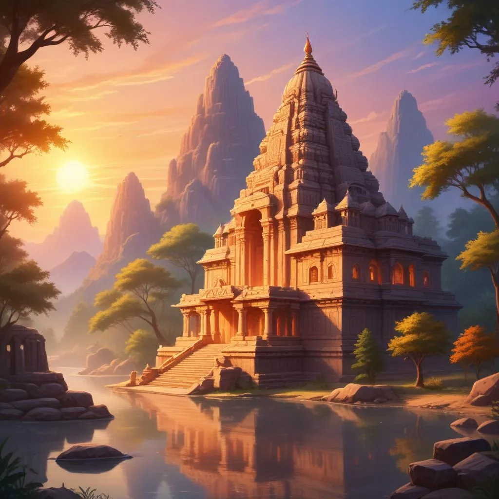 Ancient Hindu temple at sunrise with spiritual atmosphere