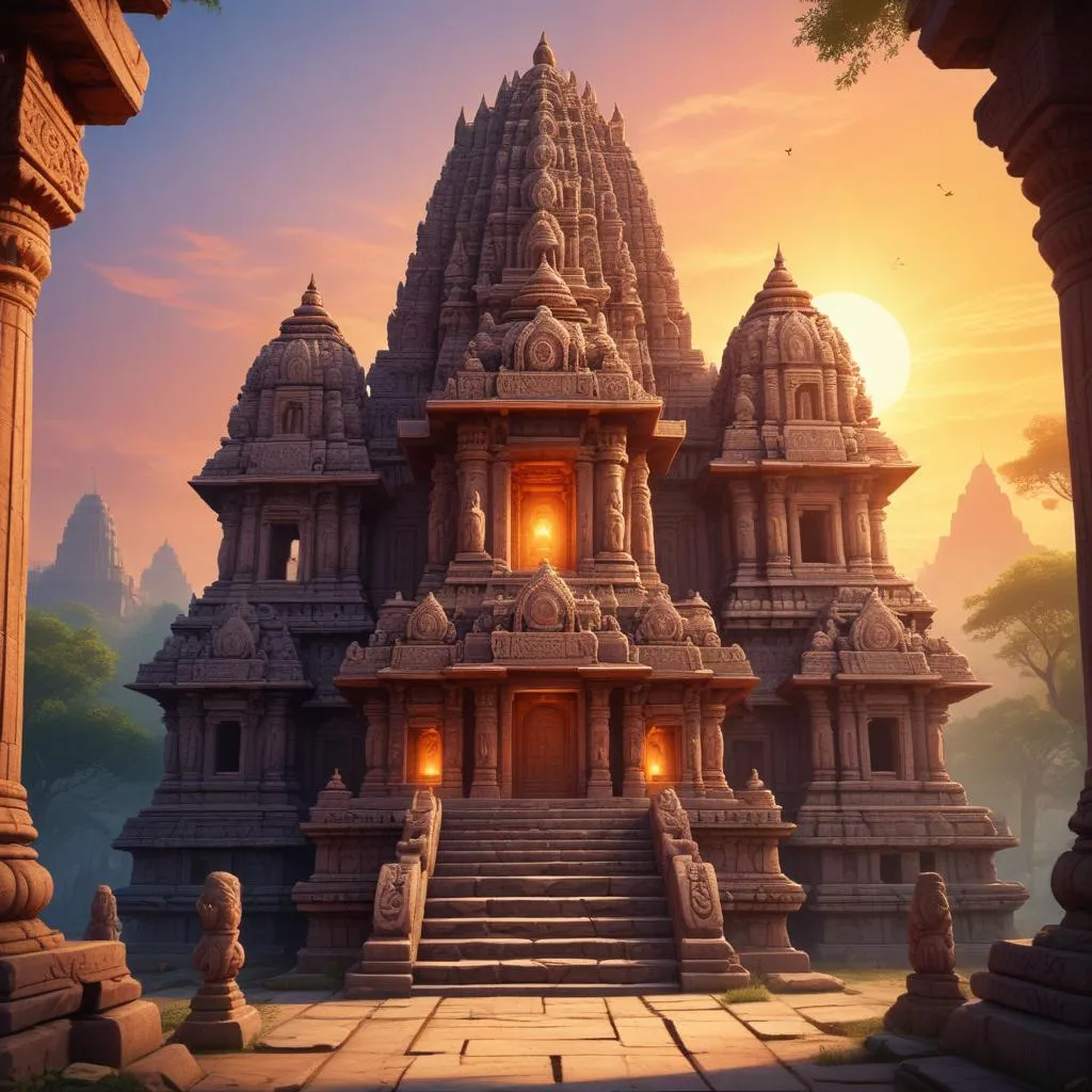 Ancient Hindu temple with intricate carvings at sunrise