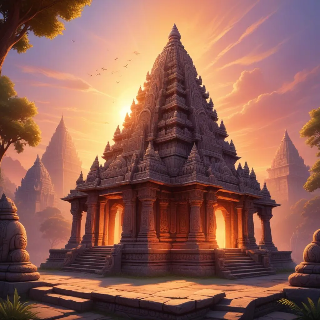 Ancient Hindu temple with intricate carvings at sunrise