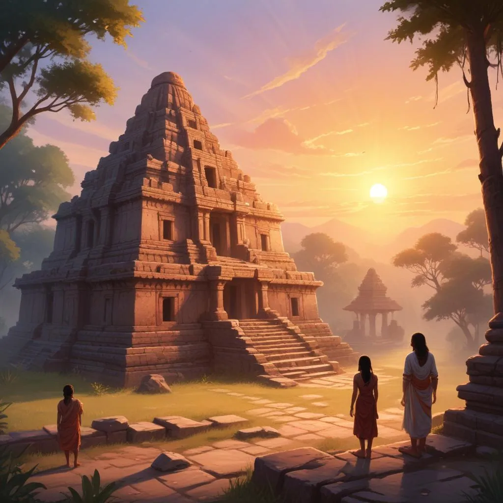 Ancient Indian temple ruins at sunrise, symbolizing timeless narratives