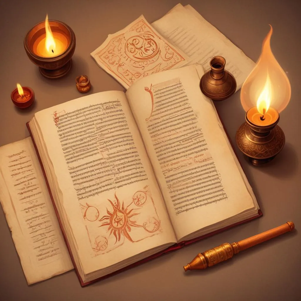 Ancient manuscript with Sanskrit text and a single oil lamp