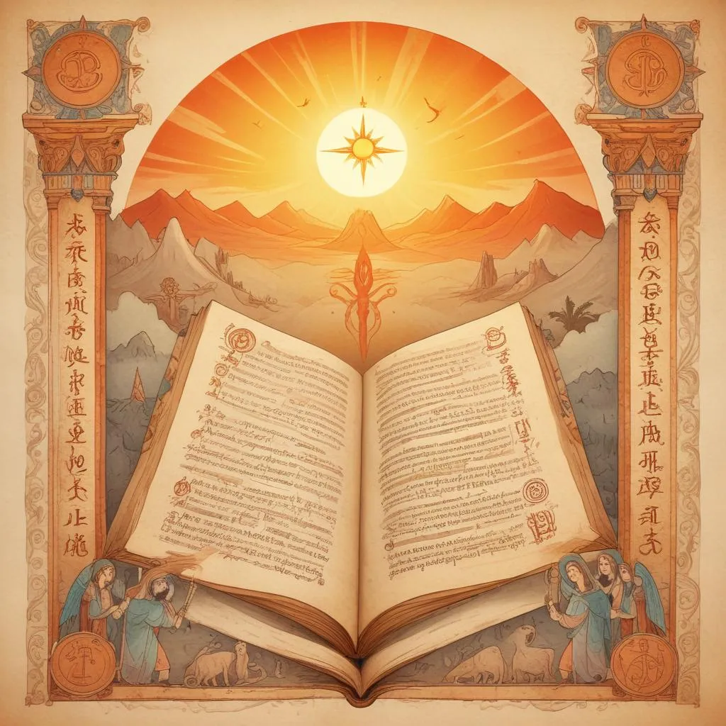 Ancient manuscript with spiritual symbols and sunrise light