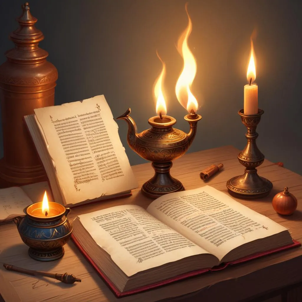 Ancient manuscript with spiritual text and a traditional oil lamp