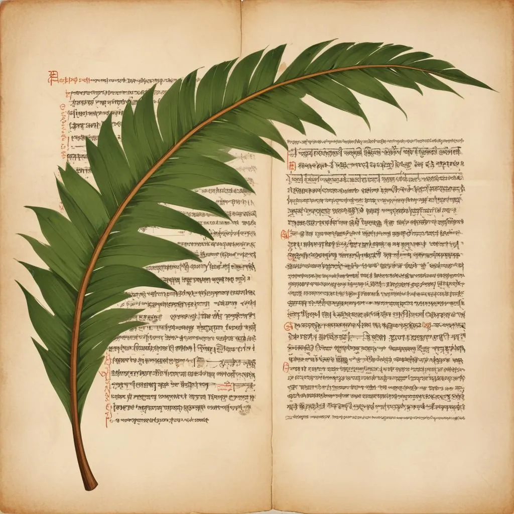 Ancient palm leaf manuscript with Sanskrit text, symbolizing epic wisdom