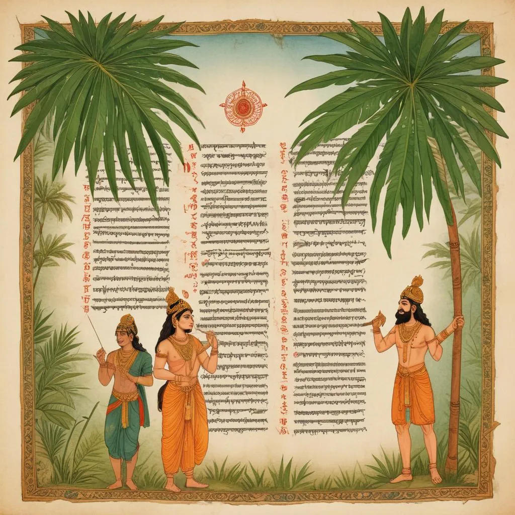 Ancient palm leaf manuscript with Sanskrit text, symbolizing the Mahabharata's wisdom