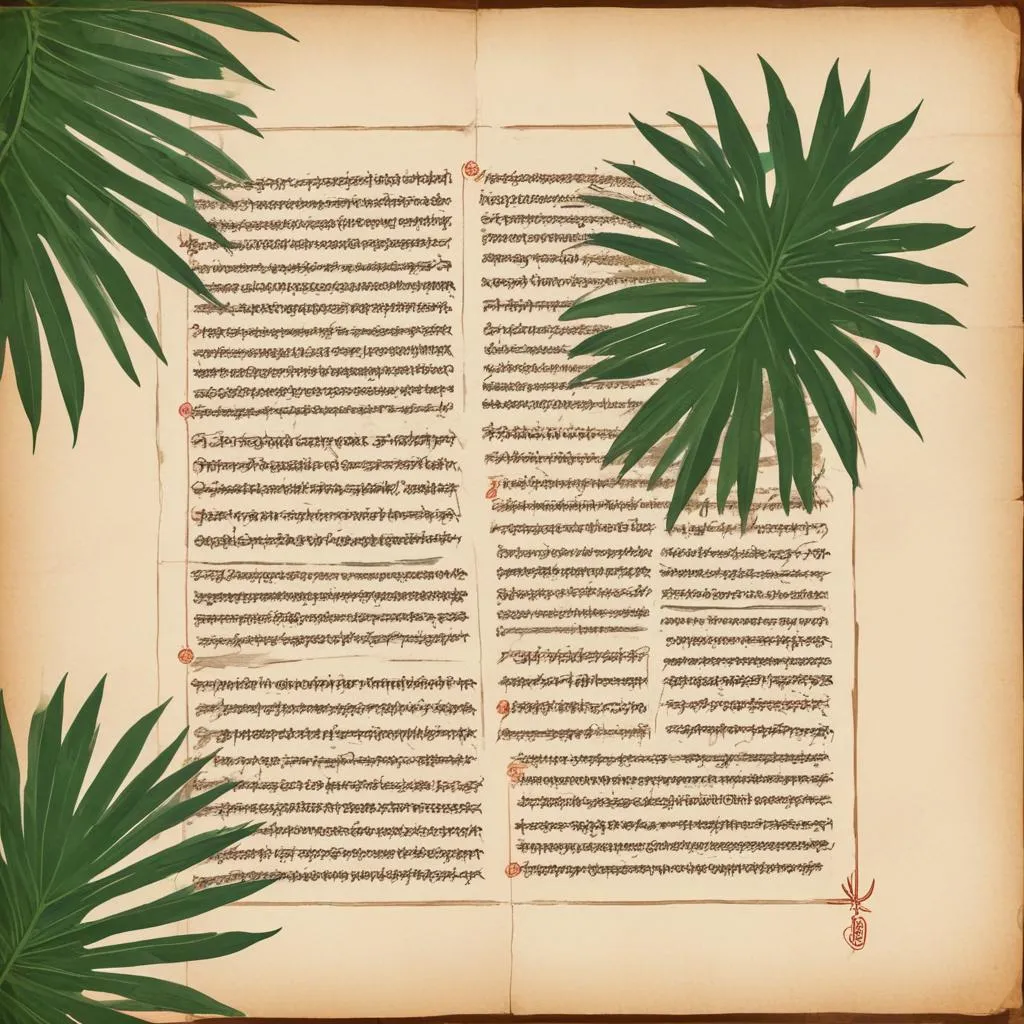 Ancient palm leaf manuscript with Sanskrit text, symbolizing timeless wisdom