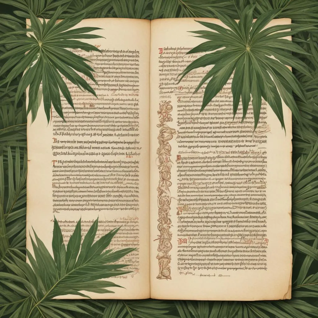 Ancient palm leaf manuscript with spiritual text in a peaceful setting