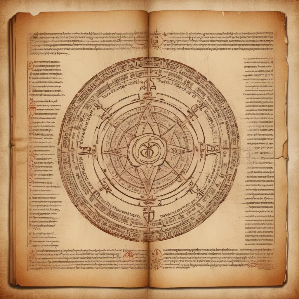 Ancient Sanskrit manuscript with spiritual symbols on weathered pages