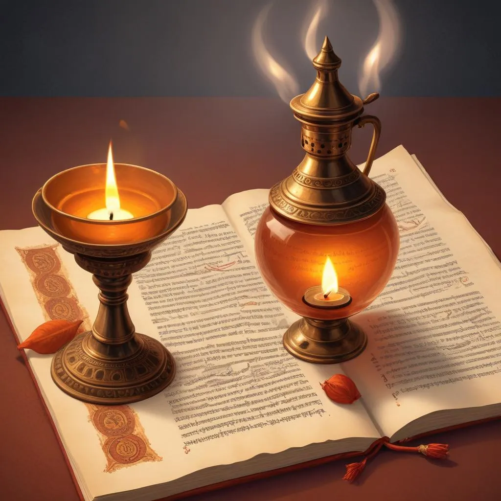 Ancient scripture pages with Sanskrit text and a traditional oil lamp