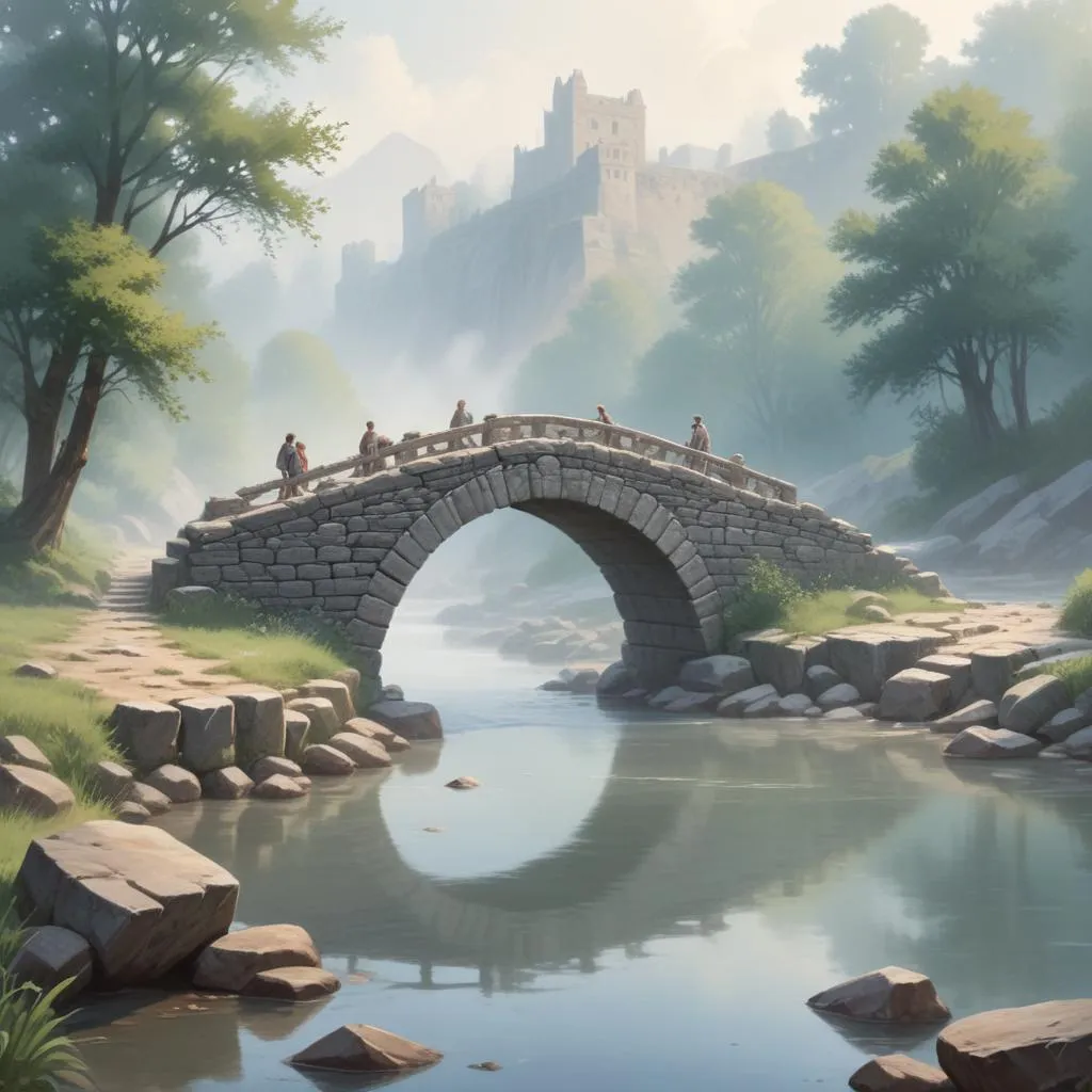 Ancient stone bridge crossing a river in misty morning