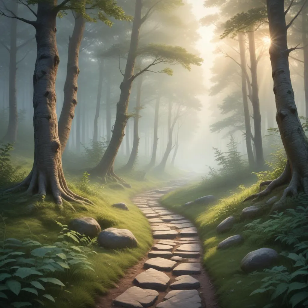 Ancient stone path winding through a peaceful, misty forest at sunrise