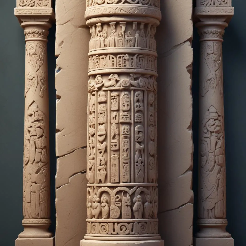 Ancient stone pillar with intricate carvings, representing law and tradition