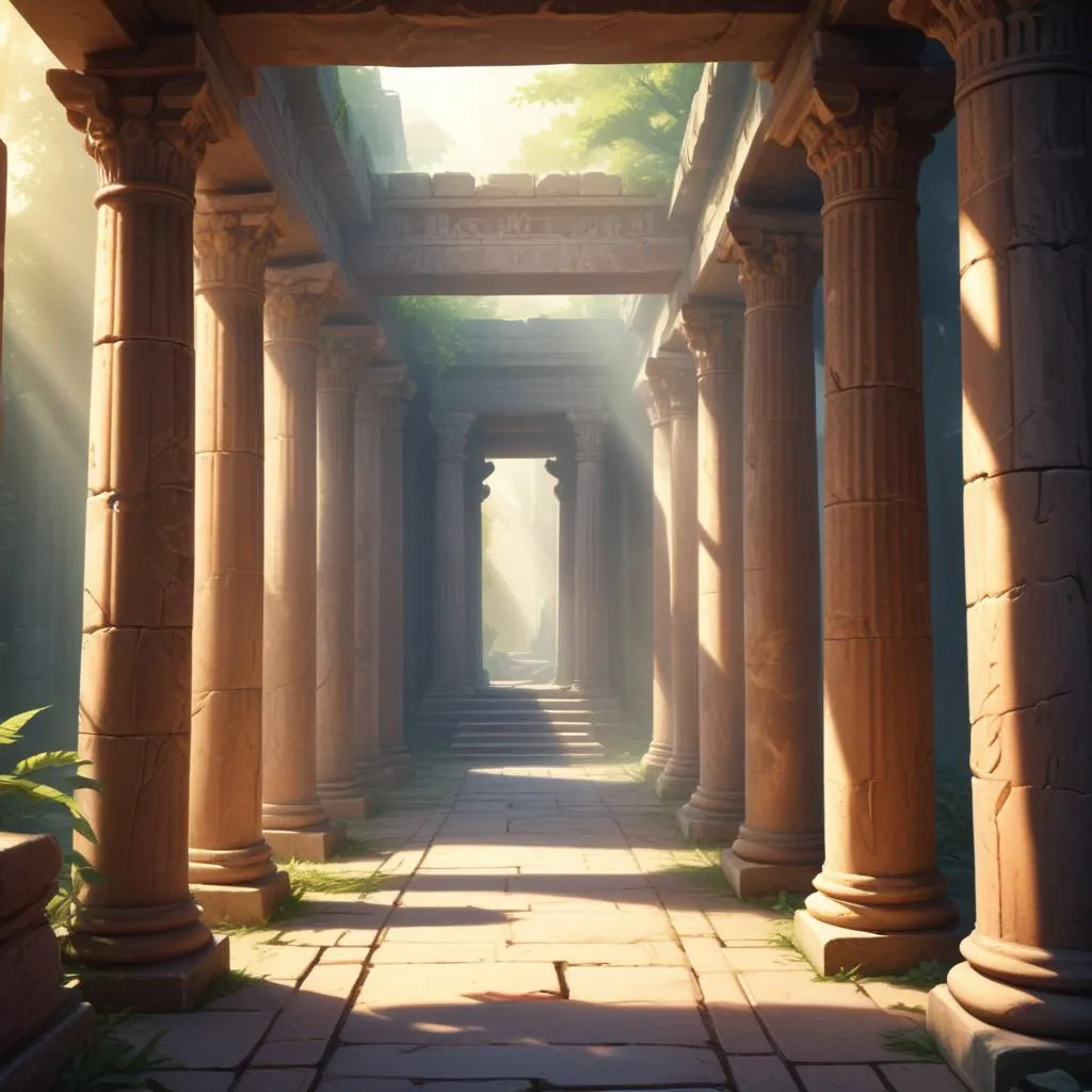 Ancient temple corridor with pillars and morning light