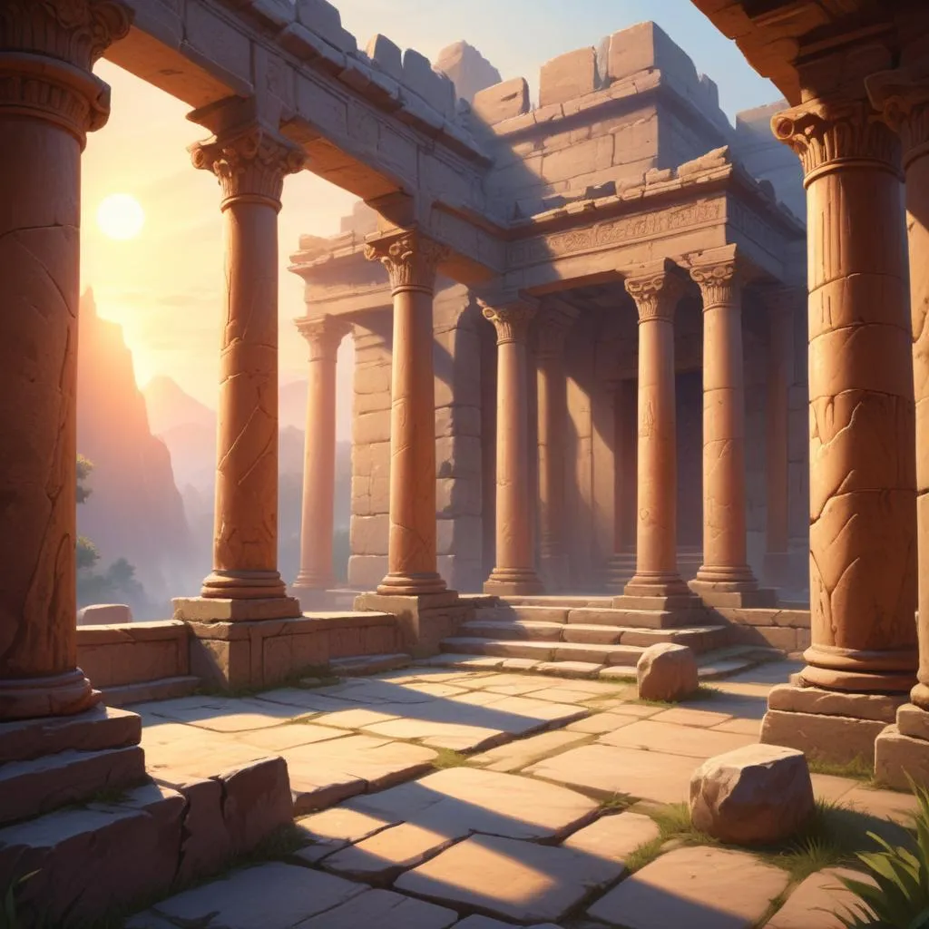 Ancient temple courtyard at sunrise with stone pillars and spiritual ambiance