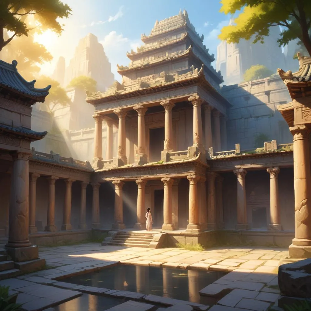 Ancient temple courtyard bathed in morning sunlight