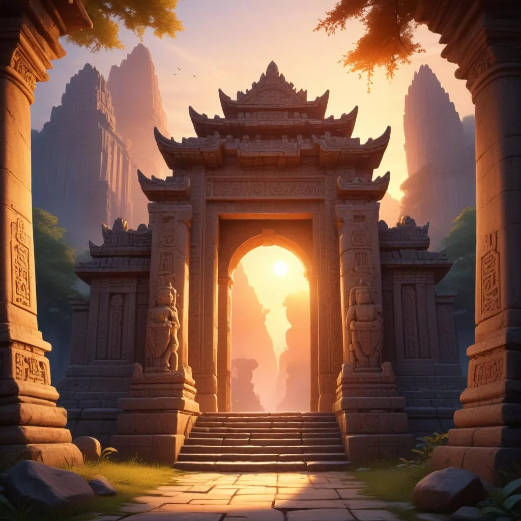 Ancient temple entrance with intricate carvings at sunrise
