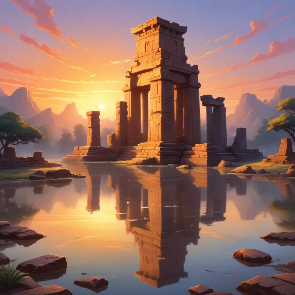 Ancient temple ruins at sunrise, symbolizing timeless wisdom and reflection