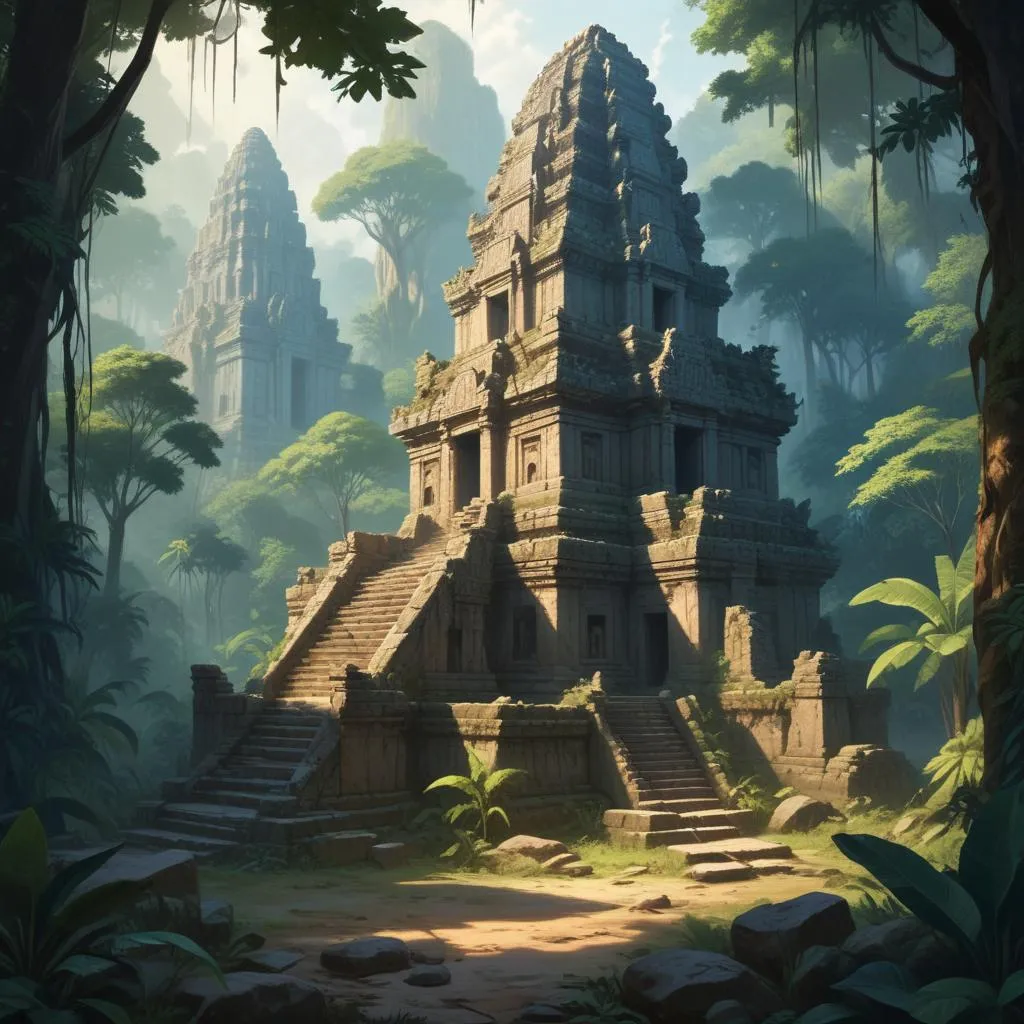 Ancient temple ruins in a Southeast Asian jungle