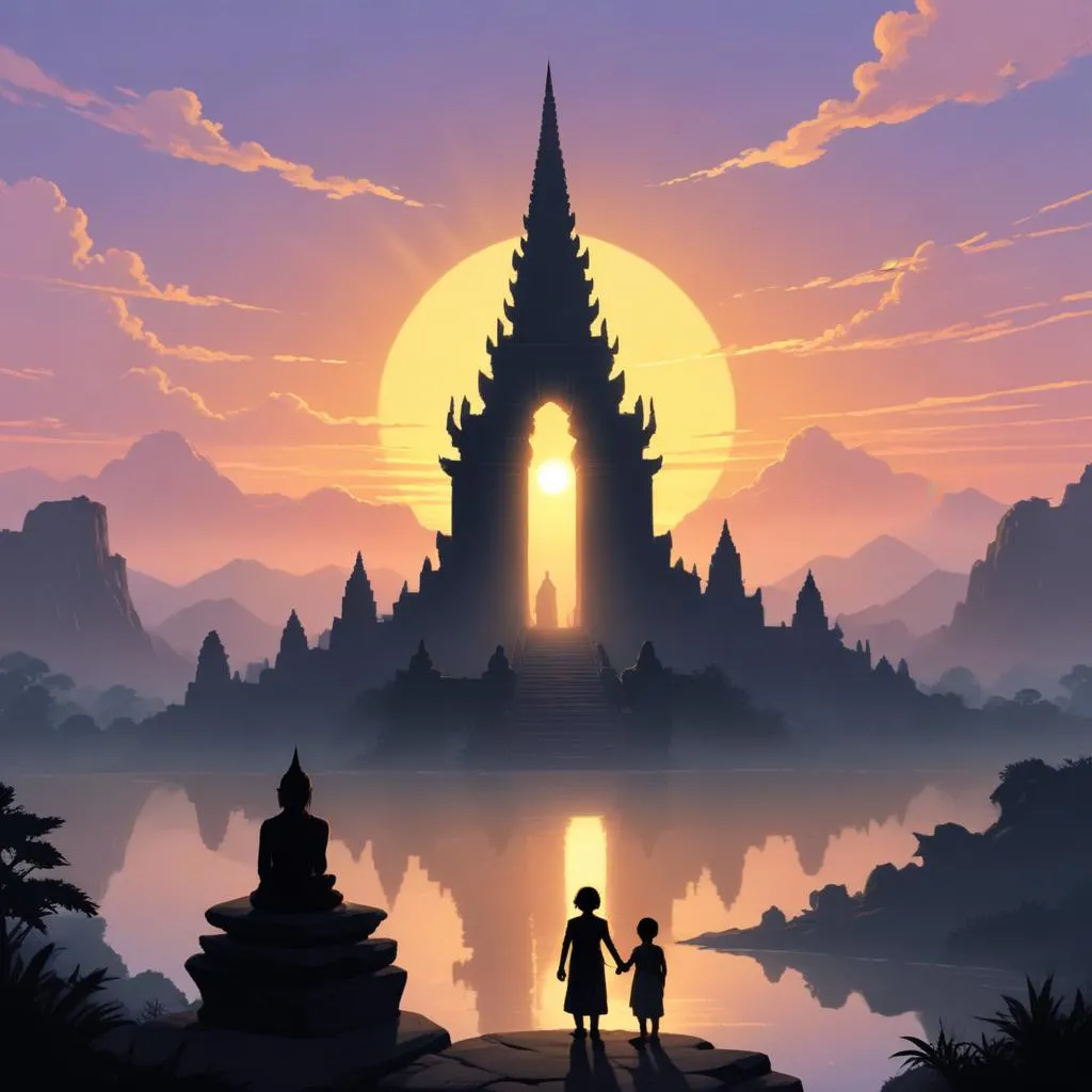 Ancient temple spire silhouetted against a peaceful sunrise