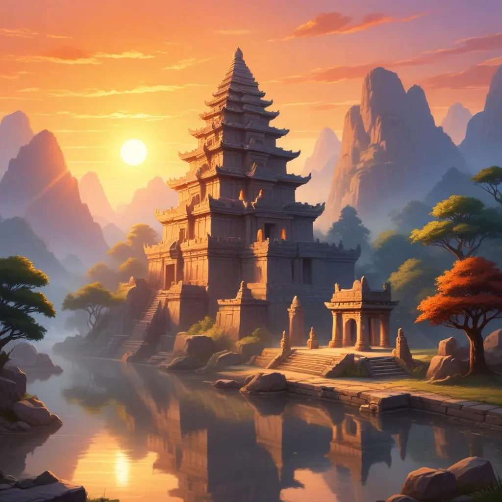 Ancient temple with spiritual atmosphere at sunrise