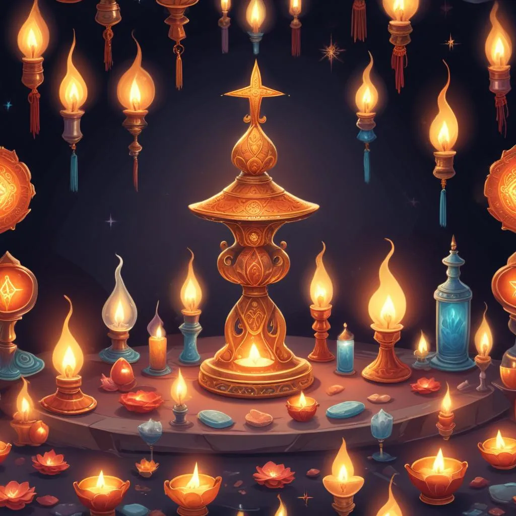 Arrangement of prayer lamps and spiritual symbols