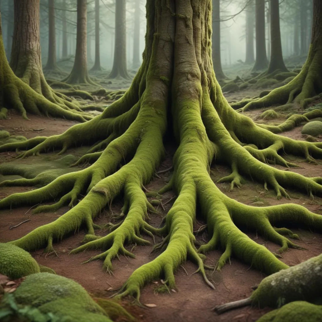 Close-up of intertwined tree roots and moss on the forest floor