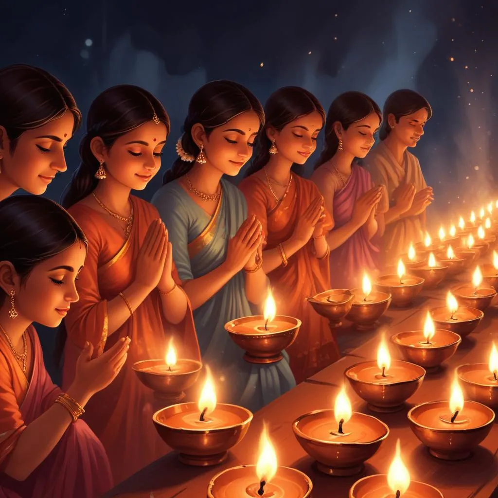 Close-up of traditional oil lamps (diyas) glowing during a prayer ceremony