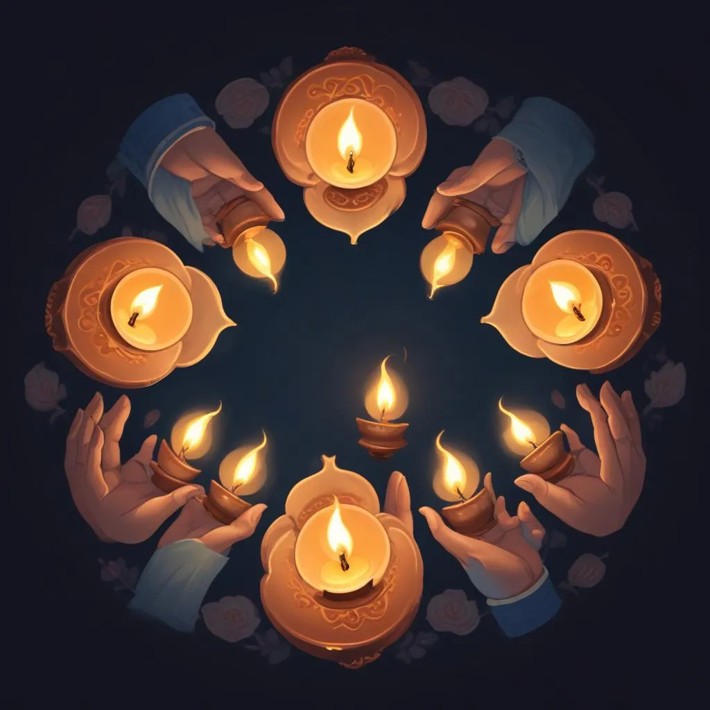 Five lit oil lamps arranged together symbolizing unity and light